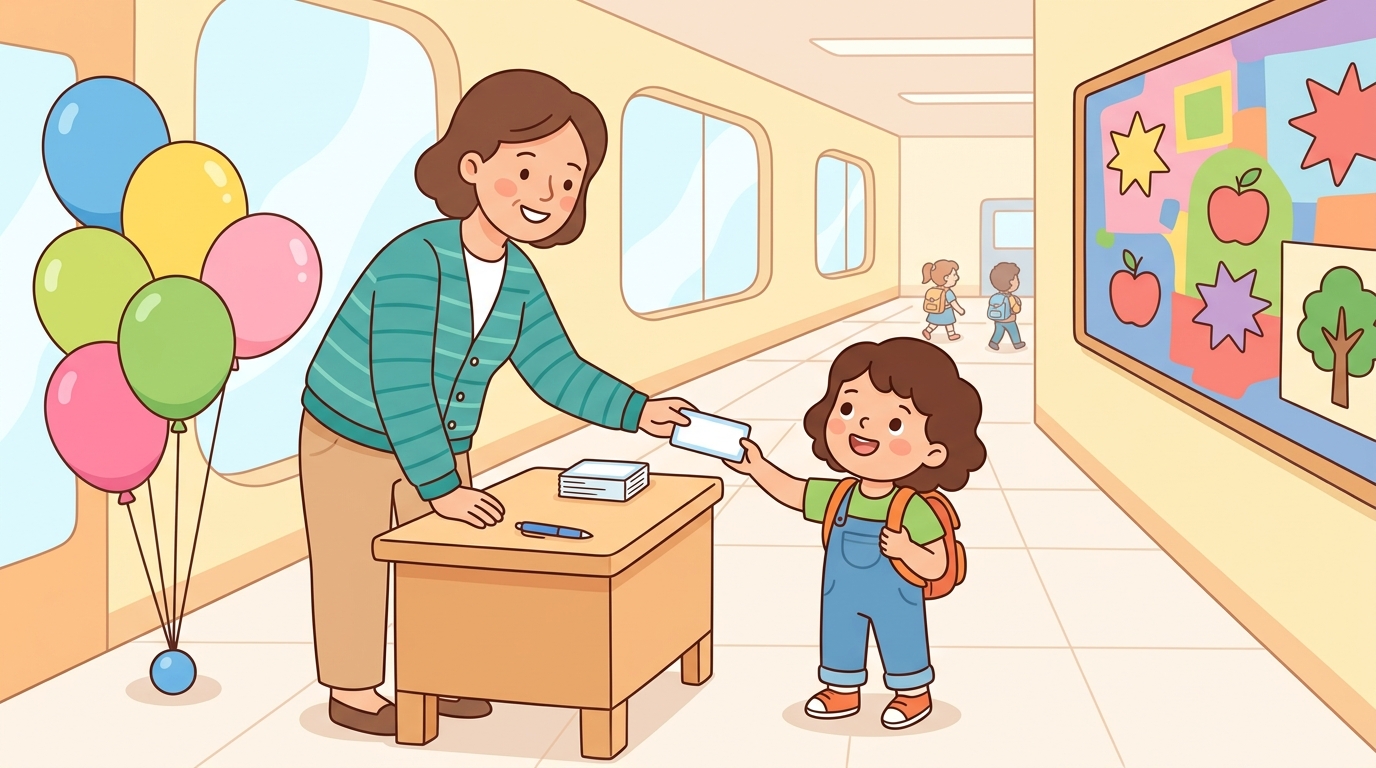 A friendly school helper handing a name-tag to a smiling new student at a welcome desk decorated with balloons, in a school hallway